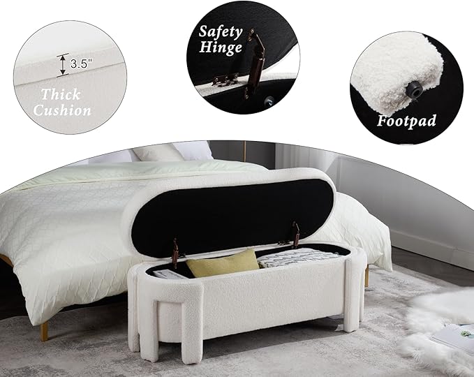 Kmax 50" Storage Ottoman Bench Modern Faux Fur Boucle Entryway Bench Comfy Upholstered End of Bed Bench for Hallway Entrance Bedroom Corner, White