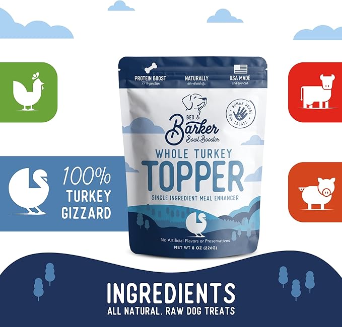 Beg & Barker Turkey Dog Food Toppers for Picky Eaters (8 Ounce, Pack of 1) - Bowl Booster with Whole Turkey - Premium Meal Mixers for Dogs - Single Ingredient, Human Grade, Grain Free