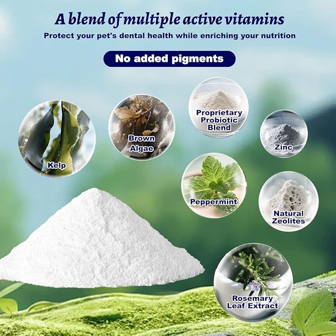 Dog Dental Powder for Pet Oral Care and Teeth Cleaning–No Added Colorants Breath Freshener for Cats and Dogs, Bad Breath, Plaque & Tartar Remover, Helps Protect Against Leaky Gums – 100 Scoops