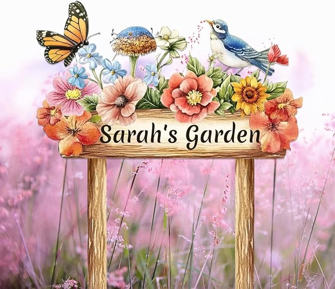 Personalized Colorful Bird Metal Sign with Stake,Custom Gardener Last Name Signs Outdoor Decorate,Customized Garden Accessories Decor for Mom,Butterfly Flowers Plaques for Patio Lawn Porch Backyard