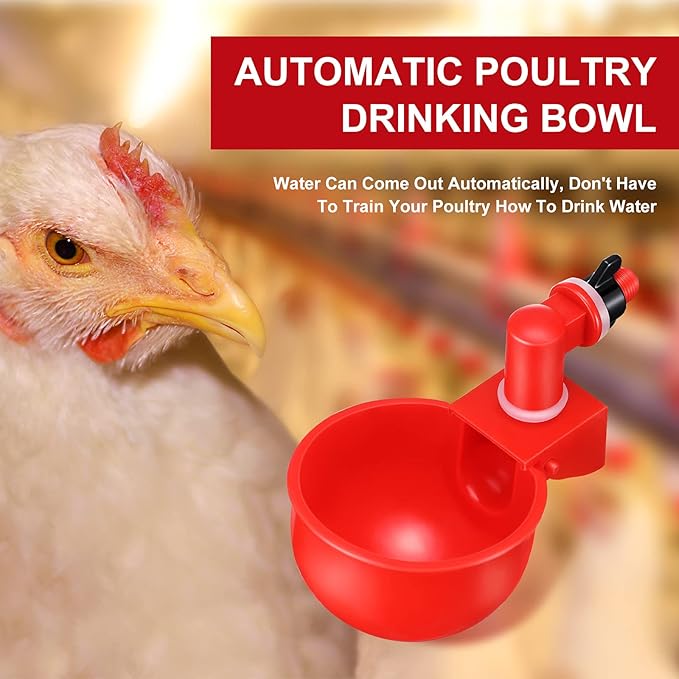 Patelai Chicken Water Cups, Chicken Waterer Cups Summer Water Feeder Cup 3/8 Inch Thread Automatic Filling Waterer Poultry Drinking Bowl for Duck Turkey Bunny(Red,6 Pieces)