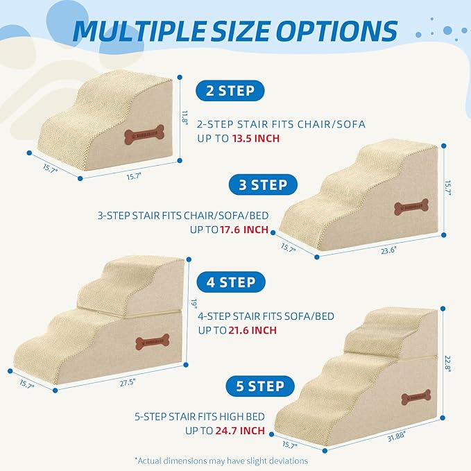5-Step Spliceable Pet Stairs: Indoor& Outdoor Multi-Use with a Removable Cover and a Pocket, Best for Small Pets and Older Dogs Who Has Spine and Arthritis Issues to Get on High Beds, Beige(22.8" H)