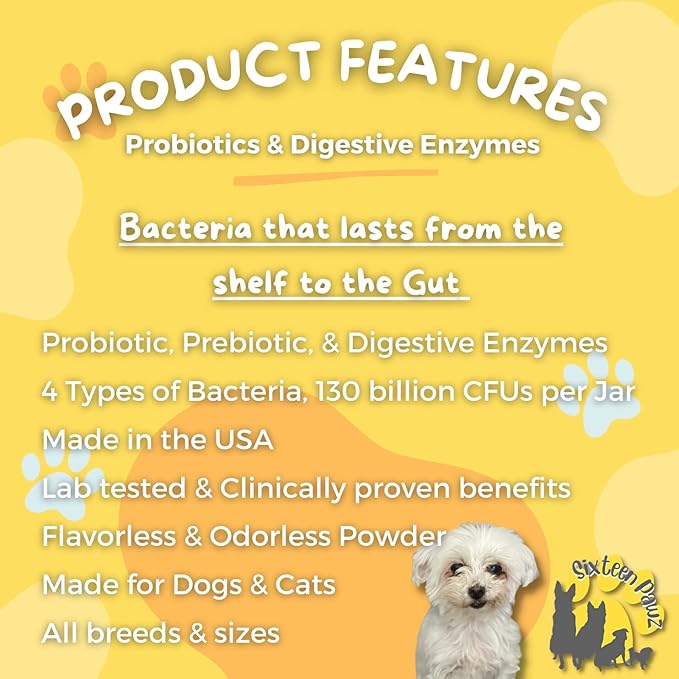 Dog & Cat Probiotics, Prebiotics, & Digestive Enzymes โ Flavorless Powder for Gut Health, Allergies, Itchy Skin, Gas & Diarrhea โ Organic, Vet-Approved โ 65g Bottle (Up to 65 Servings)