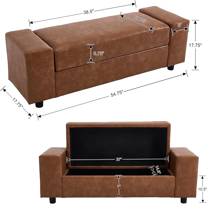 55" End of Bed Storage Bench Ottoman for Bedroom, Faux Leather Upholstered Entryway Bench Long Window Seating for Corner/Living Room/Recption Room/Office/Shop, Brown