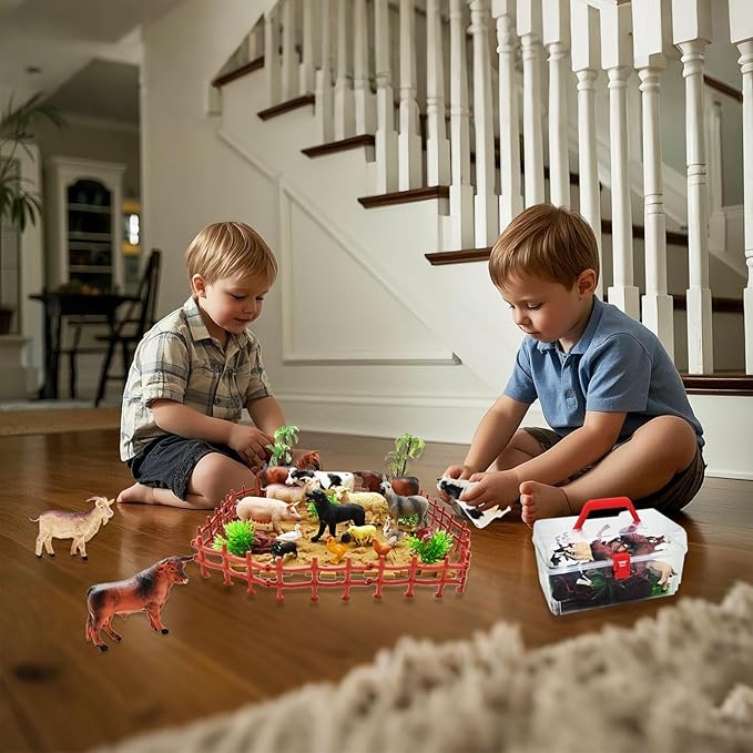 Farm Animal Figurines, Realistic Plastic Animals Toys with Fences Building Blocks, Farm Figures Playset Educational Birthday Gift for Kids & Toddlers, 53 PCS