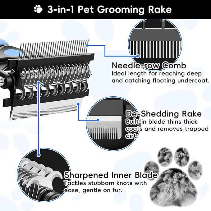 3-in-1 Pet Deshedding Tool โ Grooming Brush for Dogs & Cats with Undercoat Rake & Dematting Comb (Blue)