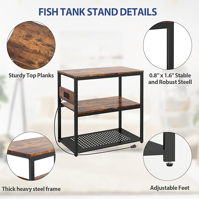 20-29 Gallon Fish Tank Stand With Power Outlets, 3-Tier Metal Aquarium Stands, Breeder Reptile Tank Stand with Shelf for Home Office, 660LBS Capacity, 29.5 x 15.8 x 30.1 inches, Brown