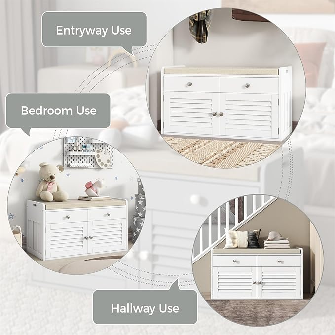 Shoe Storage Bench with 2 Drawers & 2 Doors, Entryway Bench with Cushion, 2 Adjustable Shelves, Shoe Cabinet for Entryway, Living Room, Hallway, Mudroom, Bedroom, White