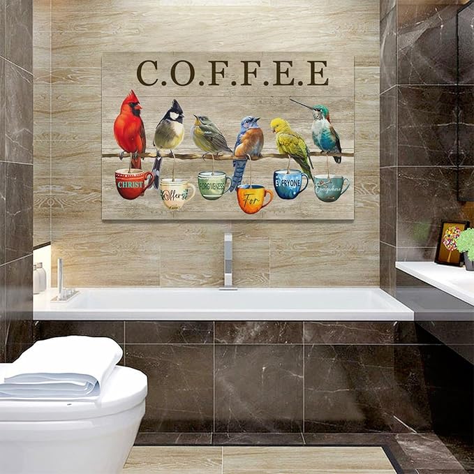 Rustic Bird Coffee Wall Art Kitchen Christ Coffee Pictures Wall Decor Farmhouse Cardinal Hummingbird Canvas Print Painting Artwork for Coffee Bar Living Room Bedroom 16"x24"