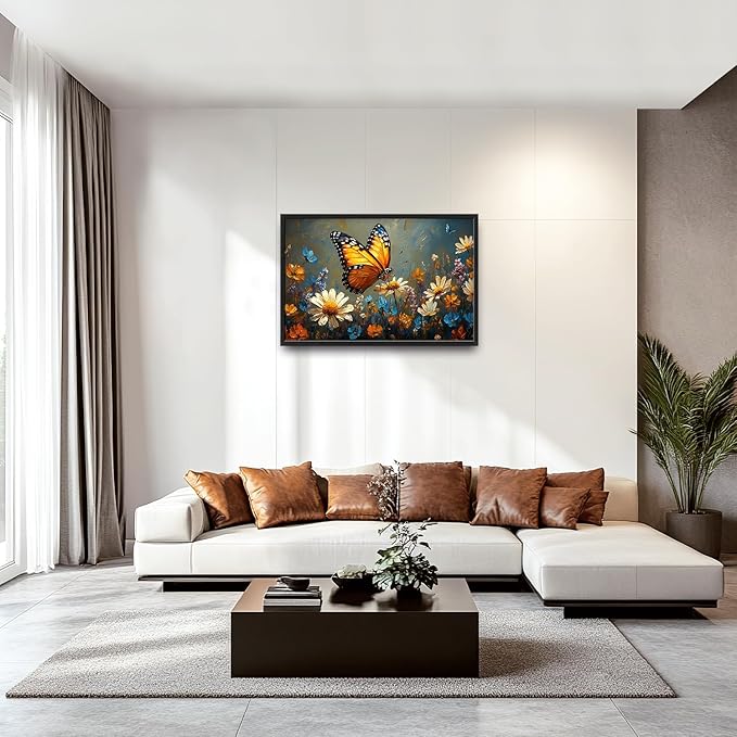 Large Butterfly Daisy Wall Art for Living Room, Floral Landscape Canvas Oversized Wall Decor, Flower Scenery Aesthetics Framed Pictures Painting Print Artwork for Bedroom Office 36"L x 24"W