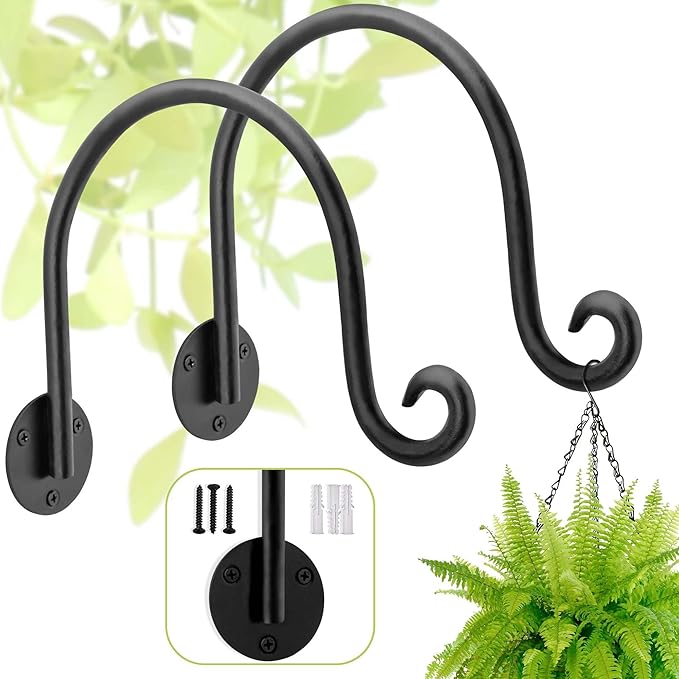 AJART Hanging Plant Hanger Outdoor: Bird Feeder Wall Hooks - 8 Inch Plant Bracket Hook for Hanging Flower Baskets 2 Pieces