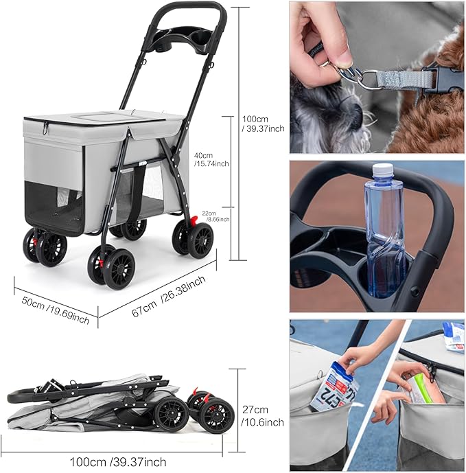 Pet Stroller Cat Dog Stroller Travel Folding Pet Carriers(Gray)