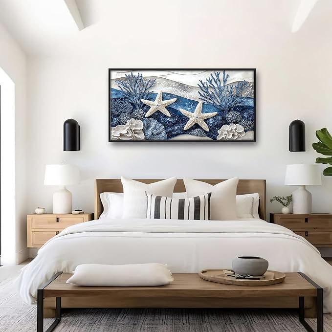 Large Starfish Nautical Wall Art for Living Room, Ocean Canvas Oversized Wall Decor, Sea Animal Modern Framed Pictures Painting Print Artwork for Bedroom Office 60"L x 30"W