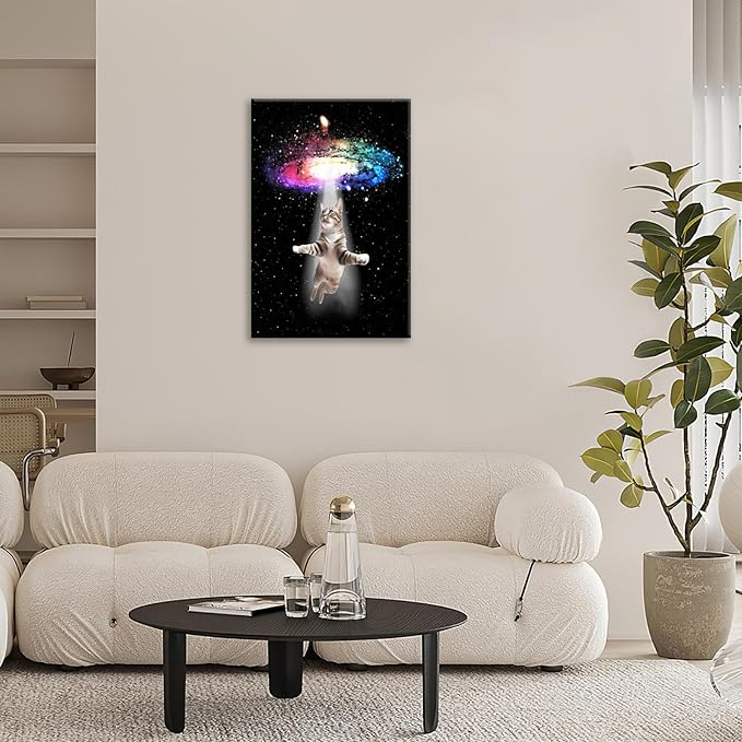 Funny Cat Wall Art Canvas Galaxy Wall Decor Prints Framed Painting Animal Pictures Gifts Artwork for Bathroom Living Dining Kitchen 16"x24"