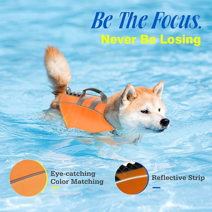 Pawaboo Dog Life Jacket, Reflective Dog Safety Vest Adjustable Pet Life Preserver with Strong Buoyancy & Sturdy Rescue Handle, Ripstop Dog Lifesaver Vests for Swimming, Boating, XL, Orange