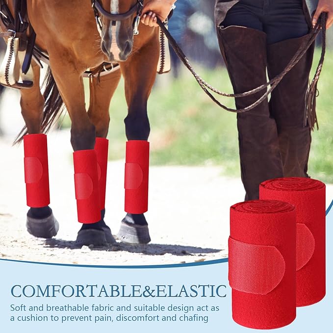 Set of 4 Horse No Bow Bandage 3D Contoured Standing Wrap Bandages Stable Nylon Horse Leg Wraps for Helping Prevent Horse from Tendon Damage and Keep Horses Clean and Safe(Red)