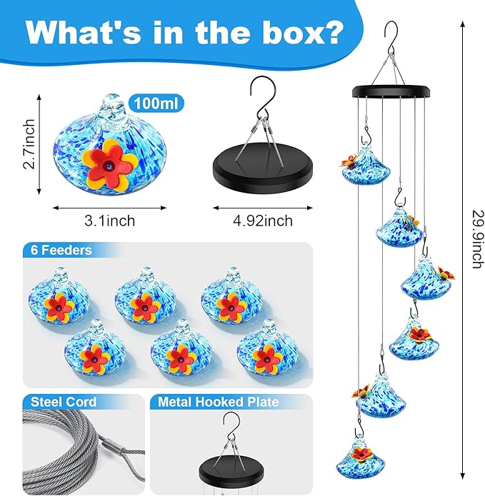 Wind Chime Glass Hummingbird Feeder - 20 Oz Outdoor Hanging Feeder with 6 Ports, Attract More Hummingbirds, Leak-Proof Design, Unique Garden Backyard Decor & Ideal Gift (Blue)