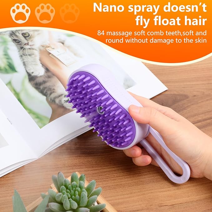 4-in-1 Cat Grooming Steam Brush, Pet Hair Shedding, Massage, Cleaning, Combing (purple)