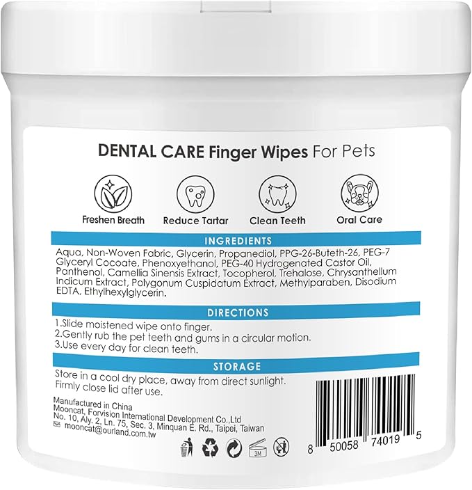 Mooncat Dental Finger Wipes for Dogs & Cats - Easy Teeth Cleaning to Remove Plaque, Tartar & Freshen Bad Breath - Gentle Tooth Wipes for Puppy & Kitten Care - 40 Counts