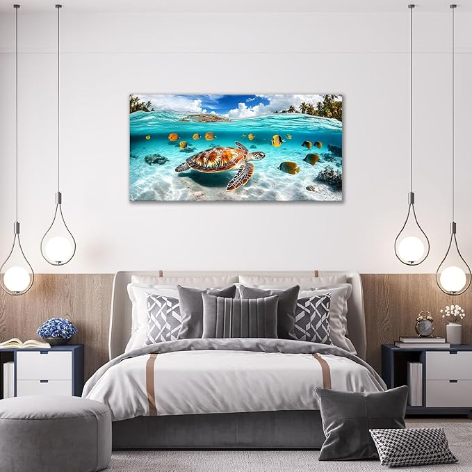 Quorin Sea Turtle Large Wall Art Coastal Undersea Beach Fish Pictures Wall Decor Tropical Island Canvas Print Painting Artwork for Bathroom Living Room Bedroom 30"x60"