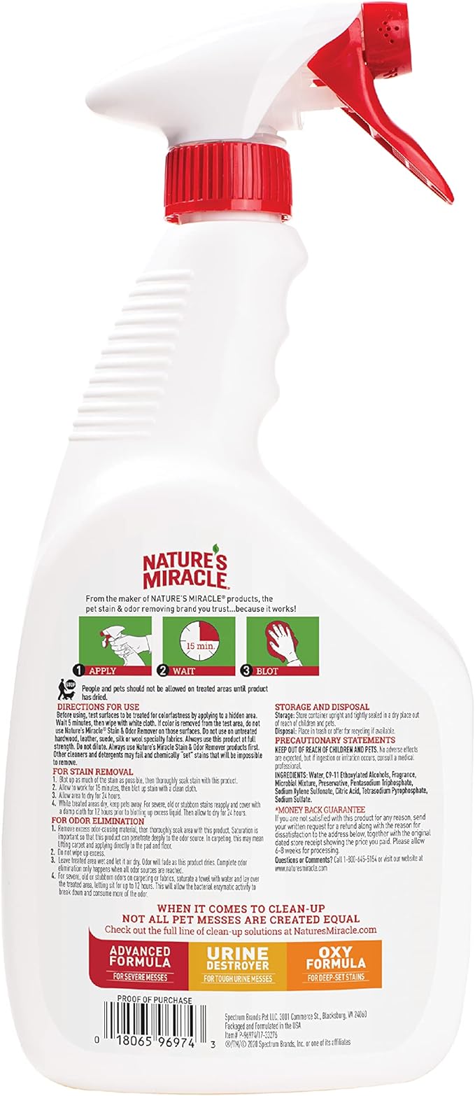 Nature's Miracle Stain and Odor Remover, Spot Stain and Pet Odor Eliminator, Enzymatic Formula, 32 Ounce Spray