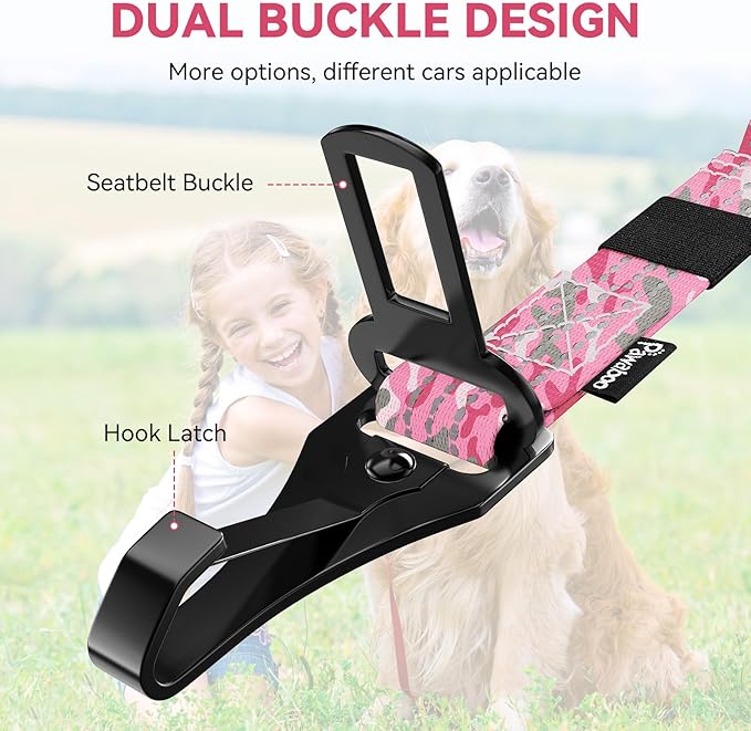 Pawaboo Dog Seatbelt for Car, 3-in-1 Dog Seat Belt Bungee, Shockproof Dogs Tether with Buckle & Hook Latch, Adjustable Reflective Dogs Cars Harness Leash with 360° Lockable Buckle, Pink Camouflage