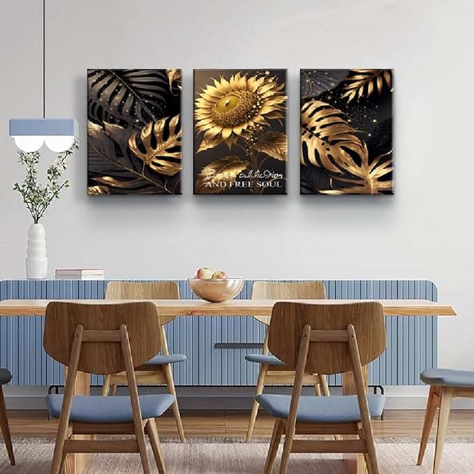 Yxbhhym Bedroom Wall Art Sunflower Canvas wall Art for living room Black and Gold Wall Décor pictures Leaf Artwork Paintings Flower Poster Prints Dining Room Office Décor Bathroom Decorations