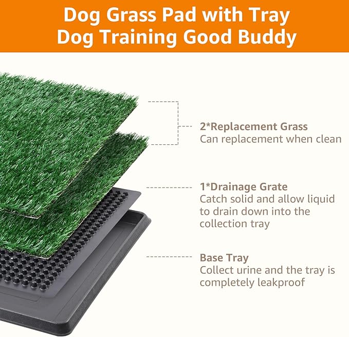 LOOBANI Dog Grass Pad with Tray Large Dog Litter Box, Indoor Potty for Apartment and Patio Training, with 2 Packs Fake Grass Pee Pads for Replacement (Tray Potty 23.6 * 35.5inch)