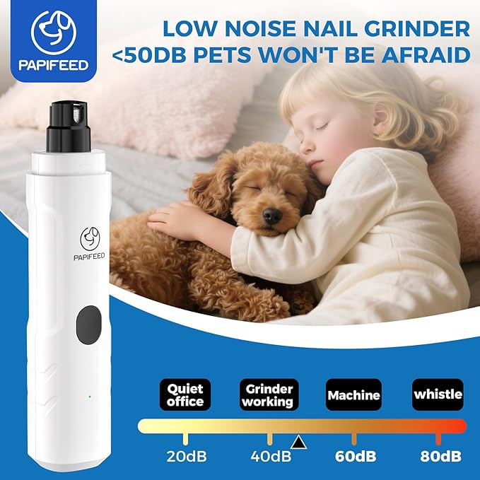 PAPIFEED Pet Nail Grinder for Dogs,3-Speed Rechargeable Dog Nail Trimmers and Professional Clippers,Paws Grooming Kit for Small Medium Large Dogs Cats - White