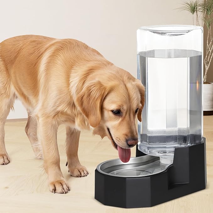 Sfozstra Large Dog Water Dispenser: 9L Automatic Black Water Feeder with Stainless Steel Bowl - Without Filter - Gravity Design for Multiple Pets Indoor/Outdoor