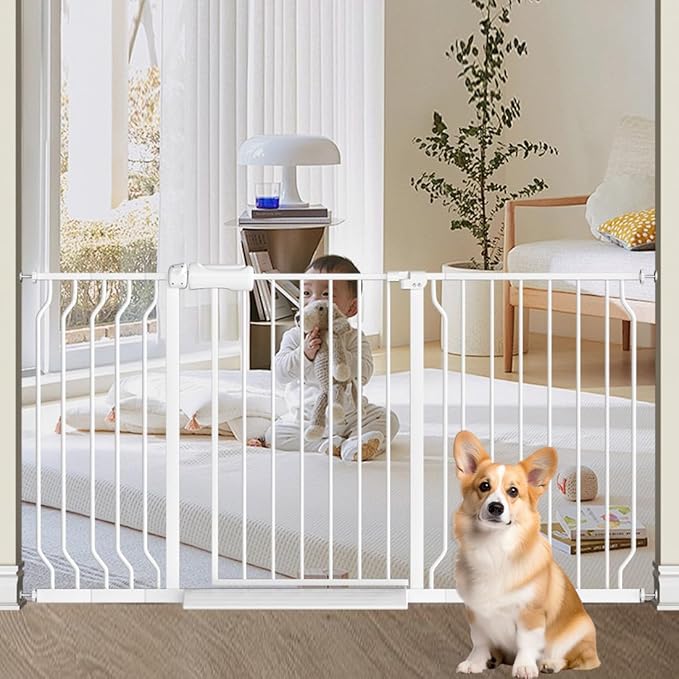TSAYAWA Walk Through Baby Gate with Door, 62-67 Inch Wide Presure Mounted No Drill Metal Auto Close Child Gate for Stair Doorway - Indoor Outdoor Safty Gate for Toddler Dog Doggie, White