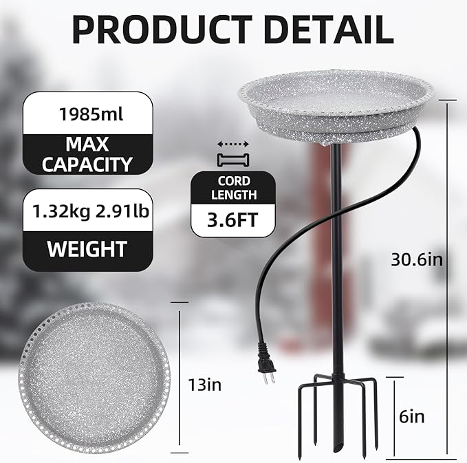Heated Bird Bath for Outdoors for Winter, 75W Bird Bath Water Heater Bird Bath Deicer,Deep Bowl Thermostatic Control Weather Resistance Available with Stable Metal Pole for All Seasons(Grey)