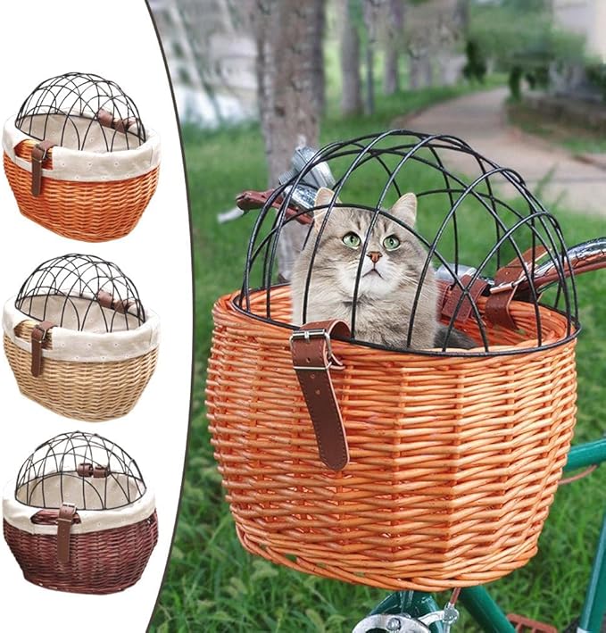 Bike Pet Basket, Wicker Bike Basket for Small Dogs Cats Pet Carrier Front Basket with Wire Mesh Cover and Lid, Wicker Basket for Dogs and Cats, Rattan Storage Basket, 11.81 * 9.84 inch (B)