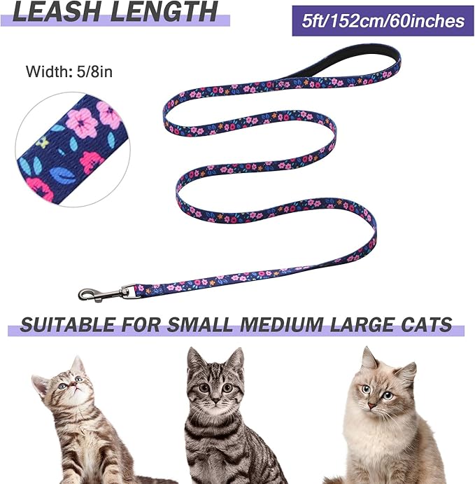 Hikiko Cat Harness and Leash Set Escape Proof Adjustable Walking Travel Cute Kitten Harness for Small Medium Large Cats (Navy Blue Floral, S)