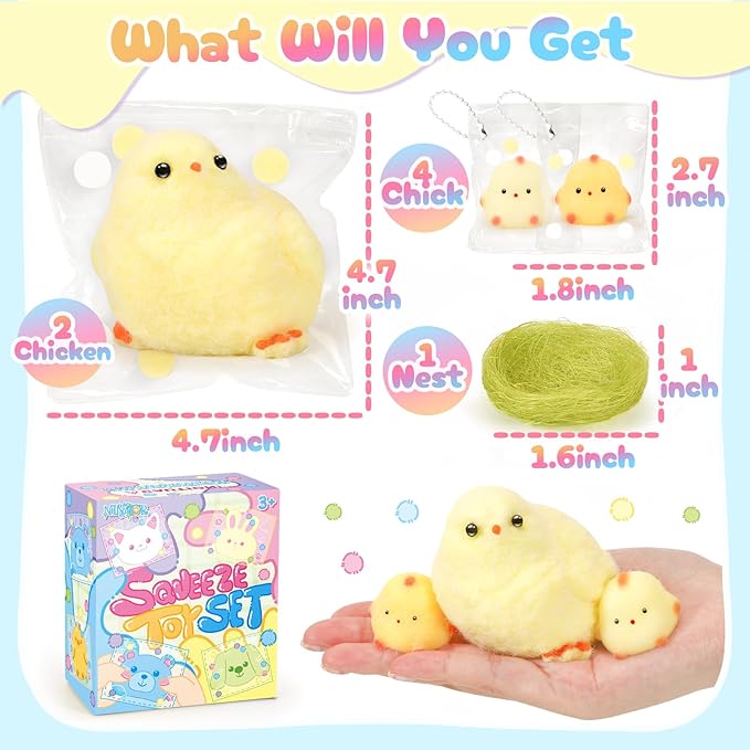 Squishy Fidget Toys, 6Pcs Squeeze Soft Cute Stuff Chicken Sensory Toys for Kids Stress Relief Gifts, Birthday Party Favors Desk Classroom Decor Goodie Bags Stocking Stuffers