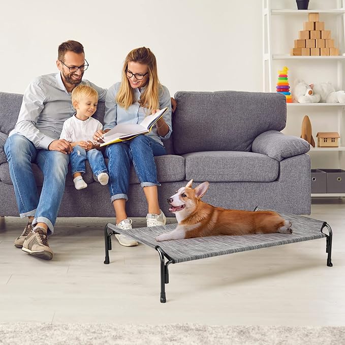 Veehoo Outdoor Elevated Dog Bed, Raised Dog Cot for Small Medium Dogs, Cooling Washable Waterproof Pet Hammock Beds with Slope Headrest, Breathable Mesh and Sturdy Frame, M, Black Silver, CWC2204