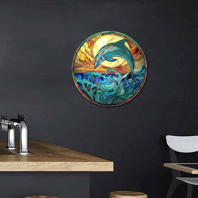Lygond Metal Sign Tin Sign Circular Stained Glass Dolphin Gardening Decor Gift for Bar 12×12 Inches