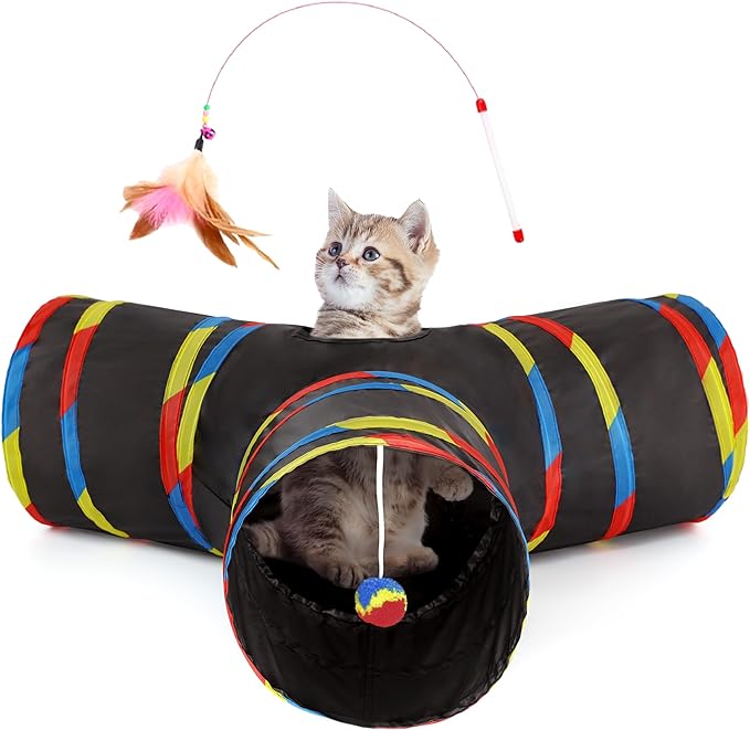 Tempcore 3 Way Collapsible Cat Tube Toys, Kitty Tunnel with Peek Hole Toy Ball, Black & Rainbow