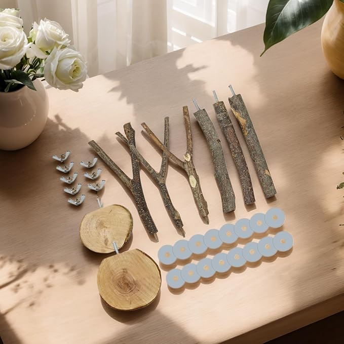 8-Piece Set Natural Wood Bird Perches - Wooden Parrot Stand with Fork Toys, Hanging Multi-Branch Platform, Hammock Swing - Suitable for Parakeets, Budgies - Durable Pet Bird Accessories