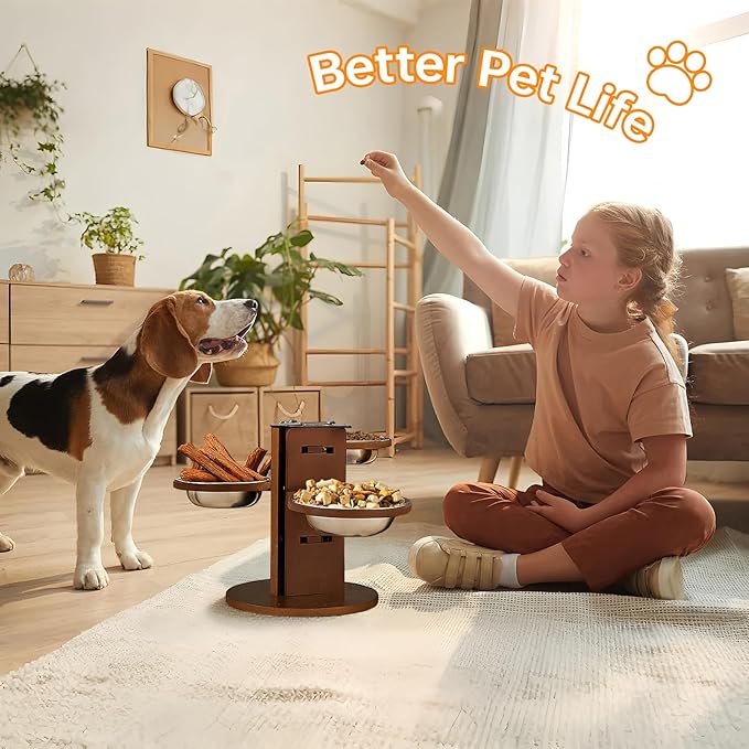 Adjustable 3-in-1 Elevated Dog Bowls, Bamboo Dog Bowl Stand (3.6"/6.3"/9.2") with 3 Stainless Steel Bowls, 3 Heights Adjustable Pet Feeding Station for Cats/Small/Medium/Large Dogs