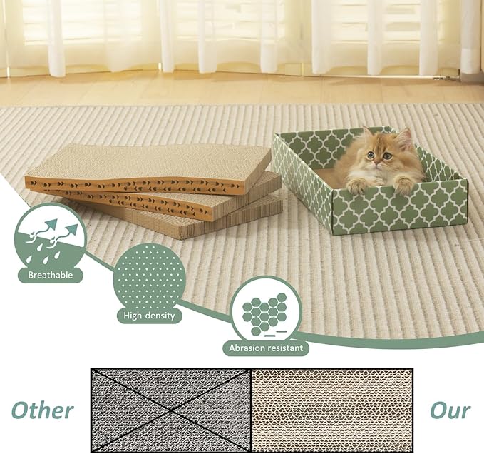MECOOL Cat Scratching Board,3PC Scratch Pad with Box,Reversible Corrugated Scratcher Cardboard and Lounge Bed for Indoor Cats, Catnip