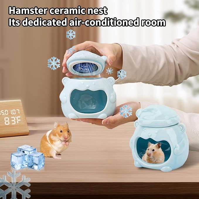 3-in-1 Bear Shaped Ceramic Hamster House - Cool House for Syrian Dwarf Hamsters, Mice, Gerbils, Small Pets, Top for Hamster Food, Removable Lid for Ice Packs, Cute Cool Hideout for Summer(Blue)