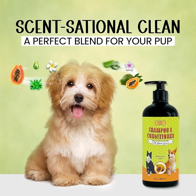 POM Pets 2-in-1 Organic Dog Shampoo & Conditioner – Itchy Skin Relief, Dog Deshedding, Detangles Fur, Cat Shampoo, Paw Cleaner for Dogs, Natural Coat Defense Formula