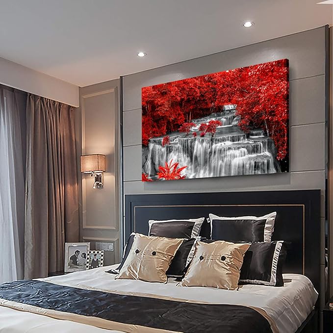 Yxbhhym Black White and Red Waterfall Canvas Wall Art- Red Tree Prints Landscape Posters Framed Picture - Nature Forest Scenery Paintings for Living Room Bedroom Home Office Wall Decor- Large