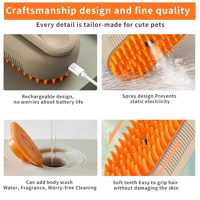 Cloud Care Cat Brush,Cat Hair Steam Brush for Shedding, 2024 Best Cat Steam Brush, Pet Steam Brush, 3-in-1 Self-Cleaning Cat Brush with 360° Rotating Arm, Detachable Silicone Bristle Head (Brown)