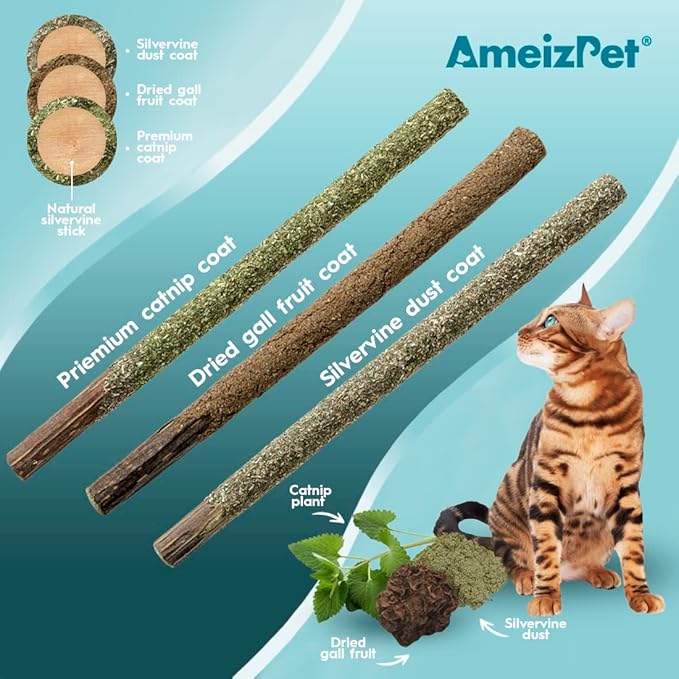 Silvervine Sticks for Cats, Chew Sticks Covered with Gall Fruit Dust - Natural Matatabi Cat Dental Care, Catnip Cat Teeth Cleaning, 6 Pcs