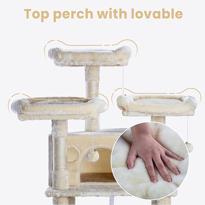 SHA CERLIN 68 Inches Multi-Level Large Cat Tree for Large Kitties/Big Cat Tower with Condo/Cozy Plush Pussycat Perches/Sisal Scratching Posts and Hammocks/Activity Center/Beige