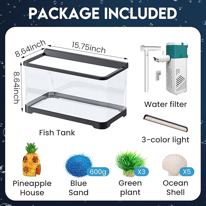 LED Aquarium Fish Tank Kit,(Light + Filter + Green Plants + Blue Sand + Pineapple Houses + Shells) Black, 4.5 Gallon