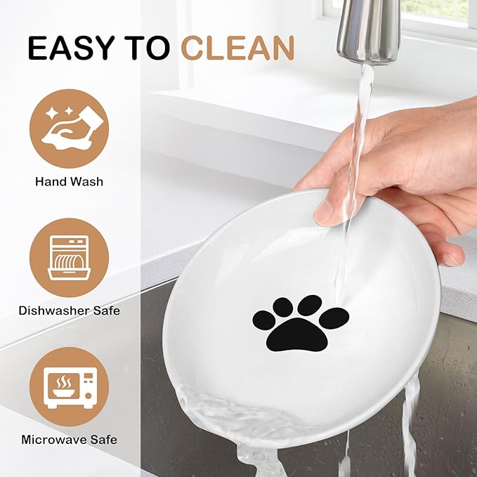 TRUVIC 4 Pack Ceramic Cat Food Bowls, 5.9 Inch Ceramic Cat Dishes Set for Indoor Cats and Small Dogs, Anti Whisker Fatigue Kitten Bowls, Wide Shallow Kitten Plates for Food and Water (Cat's Paw)