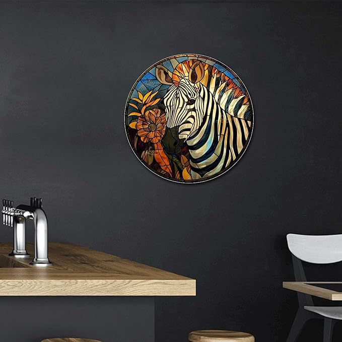 Lygond Metal Sign Tin Sign Circular Stained Glass Zebra Boho Office Decor for Gift 8×8 Inches